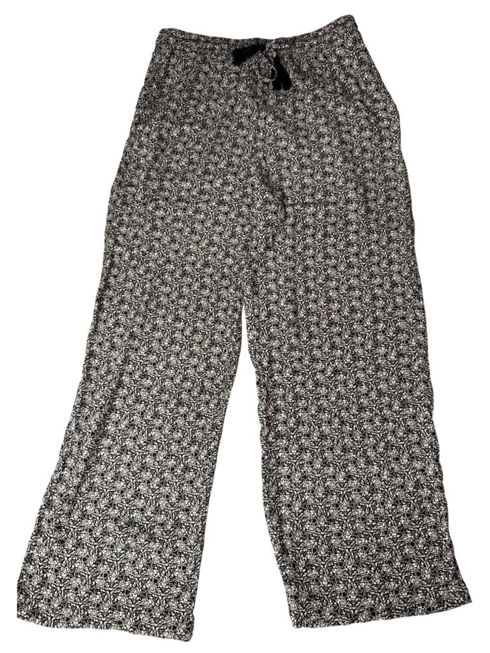 Knox Rose Black & White Pattern Wide-Leg Pants W/Drawstring Tassels Size L